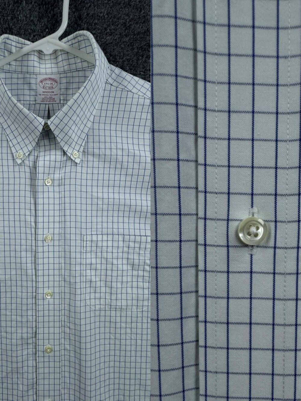 Brooks Brothers OCBD Button-Down Madison Supima Check 17.5 35 Cotton White Blue